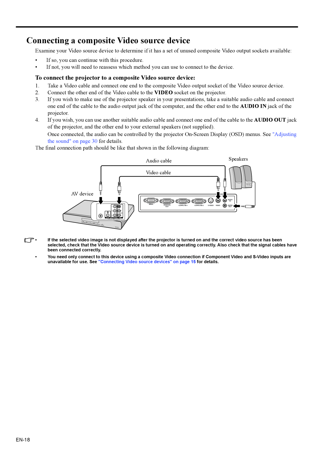 Mitsubishi Electronics EX200U user manual Connecting a composite Video source device, the sound on page 30 for details 