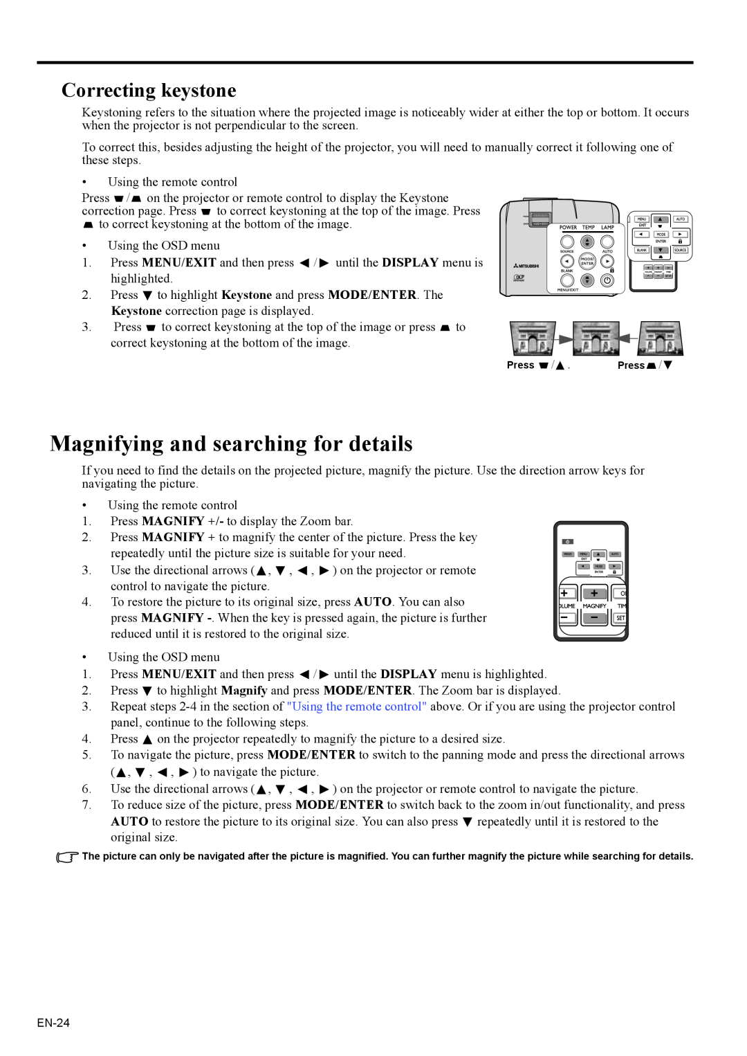 Mitsubishi Electronics EX200U user manual Magnifying and searching for details, Correcting keystone 