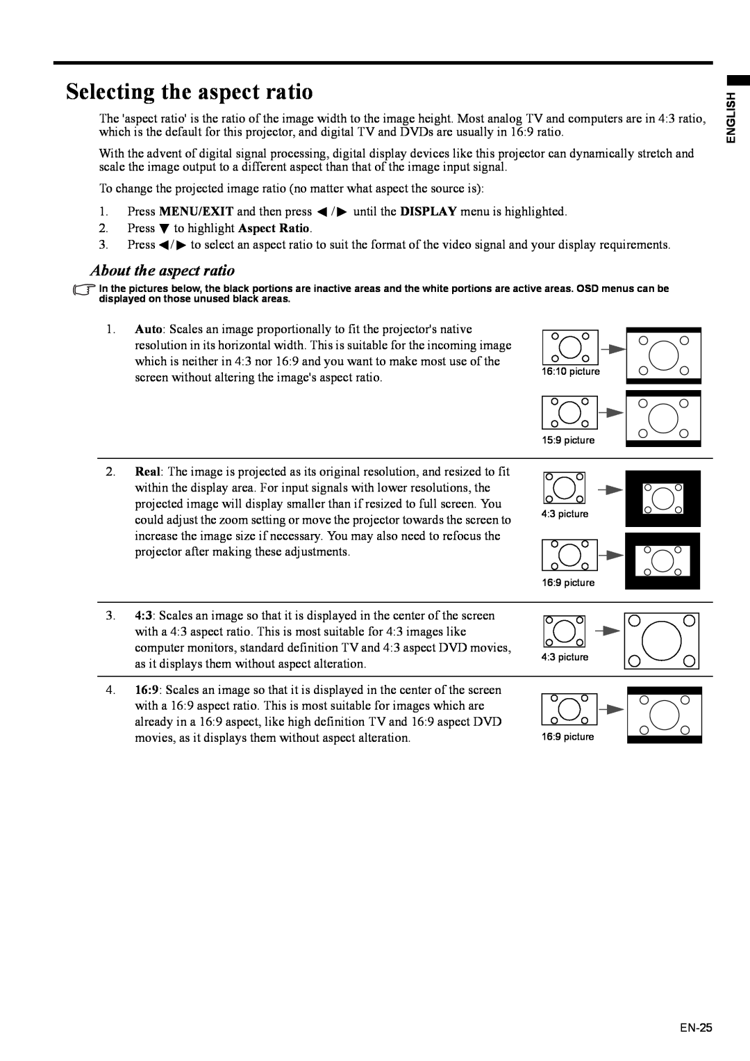 Mitsubishi Electronics EX200U user manual Selecting the aspect ratio, About the aspect ratio 
