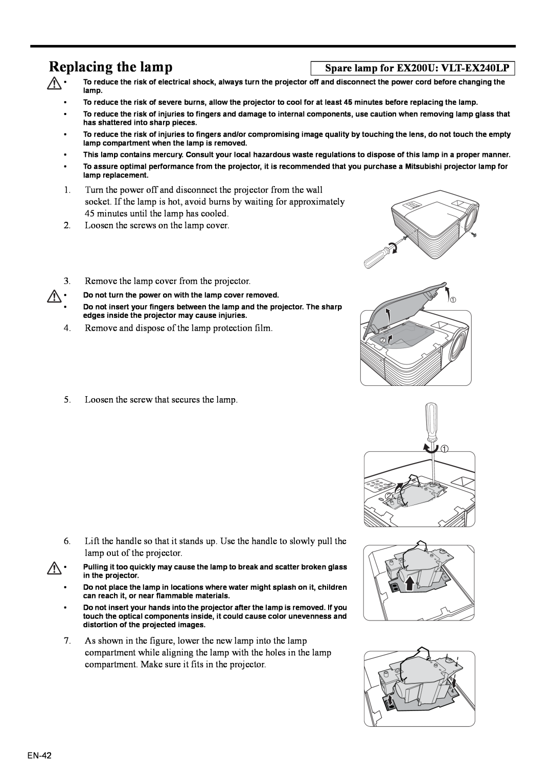 Mitsubishi Electronics user manual Replacing the lamp, Spare lamp for EX200U VLT-EX240LP 