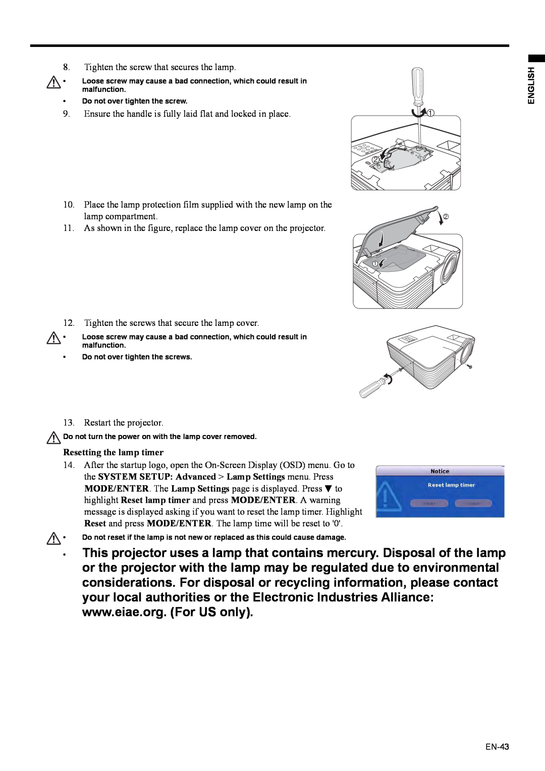 Mitsubishi Electronics EX200U user manual Resetting the lamp timer 