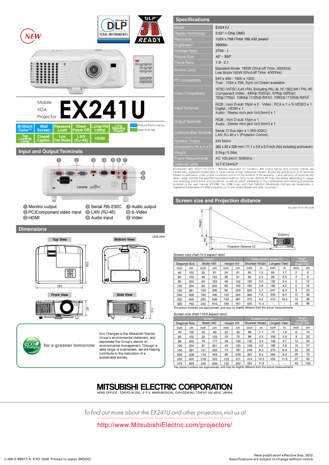 Mitsubishi Electronics EX241U Specifications, Input and Output Terminals, Dimensions, Screen size and Projection distance 