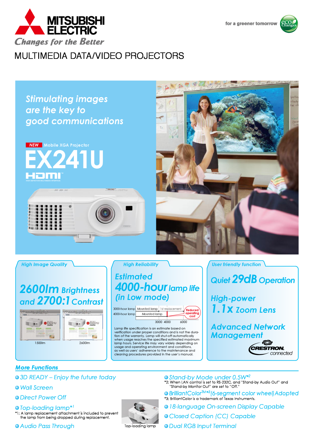 Mitsubishi Electronics EX241U warranty hour lamp life, Multimedia Data/Video Projectors, Estimated, in Low mode, 3000 