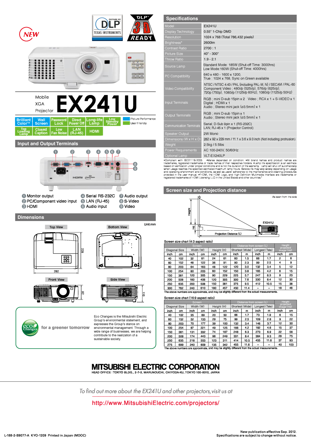 Mitsubishi Electronics To find out more about the EX241U and other projectors,visit us at, Specifications, Dimensions 