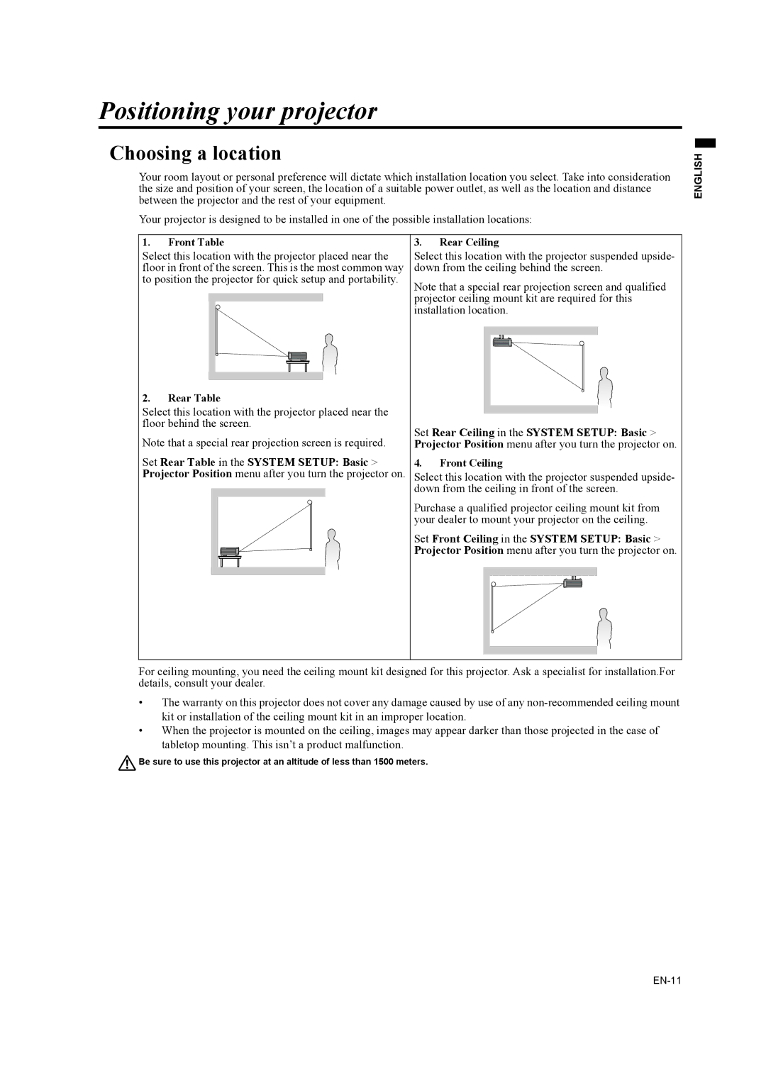 Mitsubishi Electronics EW330U, EX320U user manual Positioning your projector, Choosing a location 