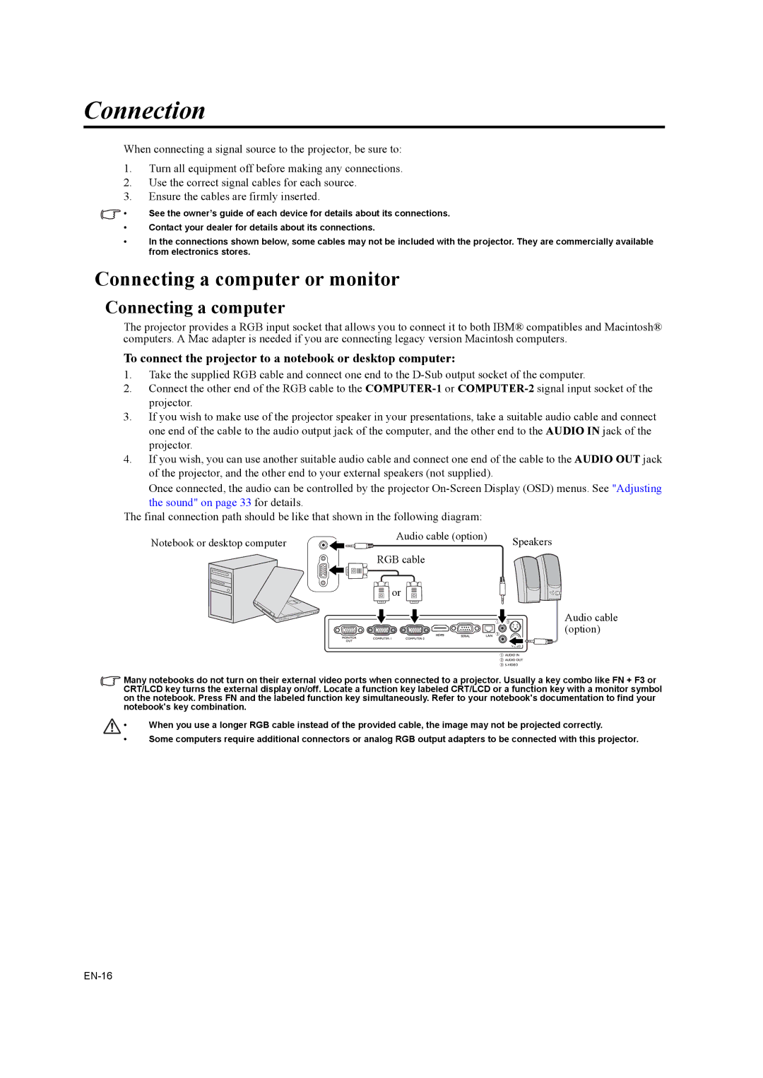 Mitsubishi Electronics EX320U, EW330U user manual Connection, Connecting a computer or monitor 