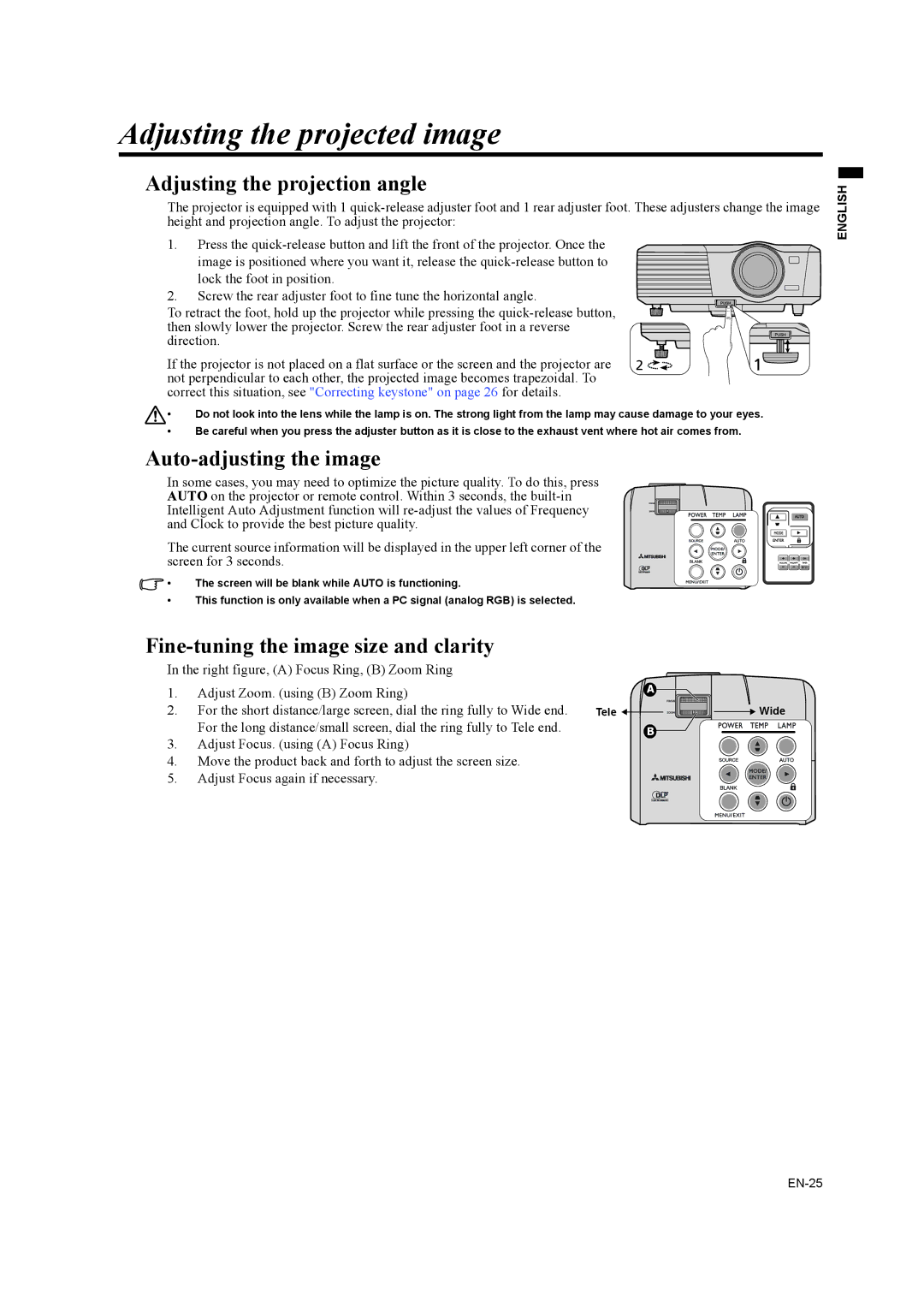 Mitsubishi Electronics EW330U Adjusting the projected image, Adjusting the projection angle, Auto-adjusting the image 