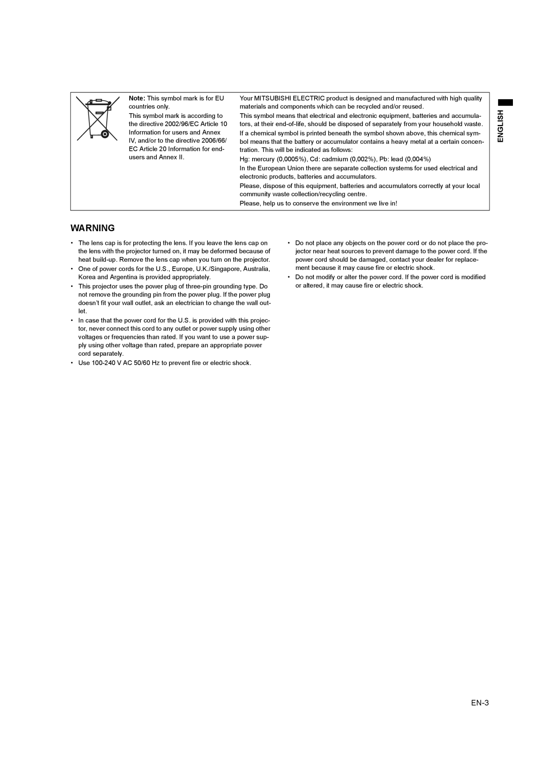 Mitsubishi Electronics EW330U, EX320U user manual EN-3 