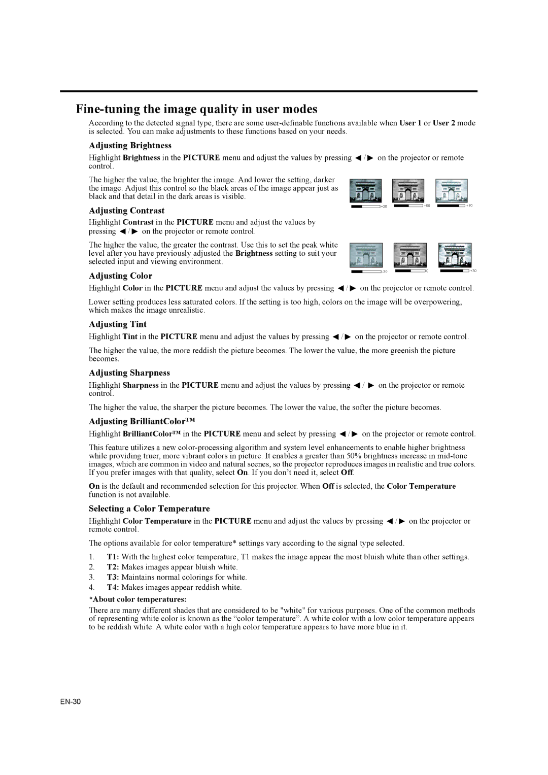 Mitsubishi Electronics EX320U, EW330U user manual Fine-tuning the image quality in user modes 