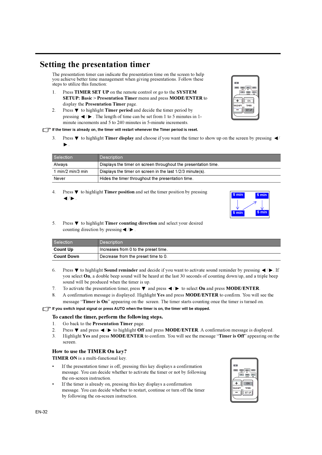 Mitsubishi Electronics EX320U, EW330U Setting the presentation timer, To cancel the timer, perform the following steps 