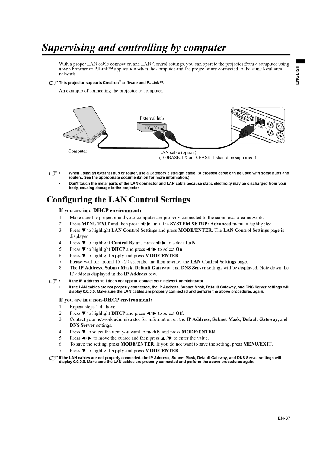 Mitsubishi Electronics EW330U, EX320U Supervising and controlling by computer, Configuring the LAN Control Settings 