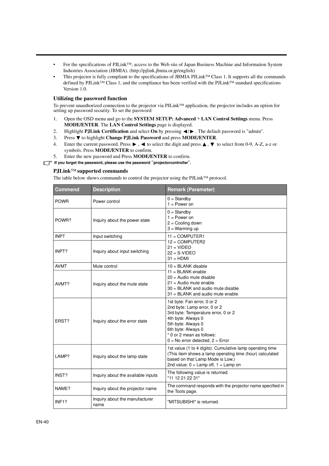 Mitsubishi Electronics EX320U, EW330U user manual Utilizing the password function, PJLinksupported commands 