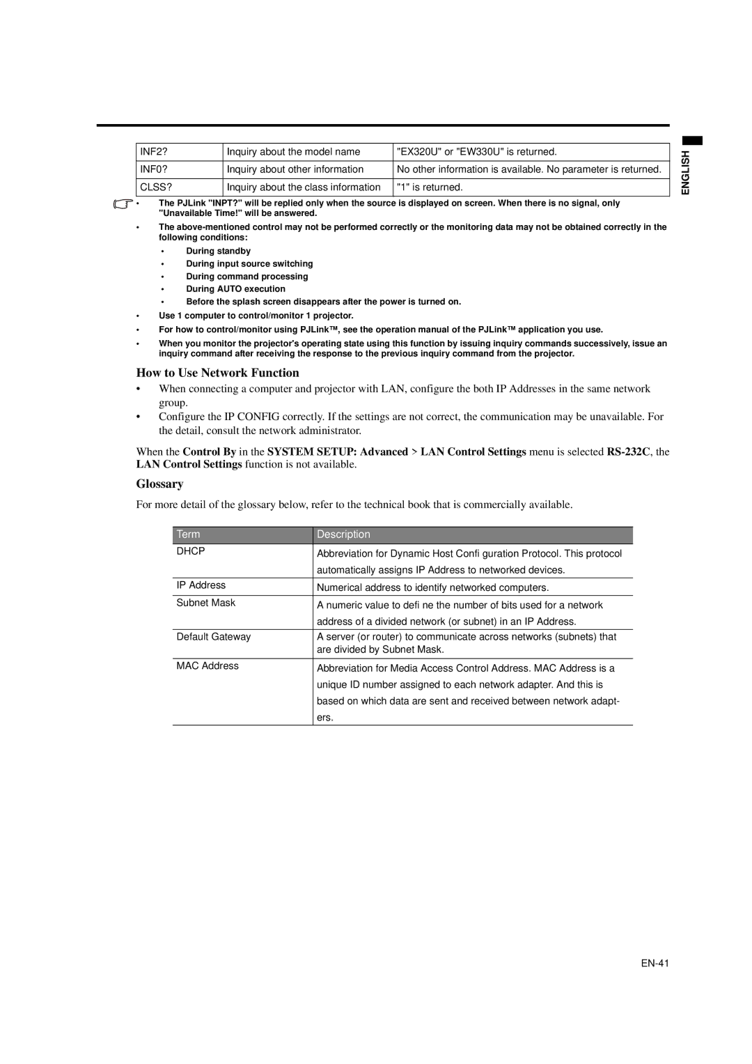 Mitsubishi Electronics EW330U, EX320U user manual How to Use Network Function, Glossary 