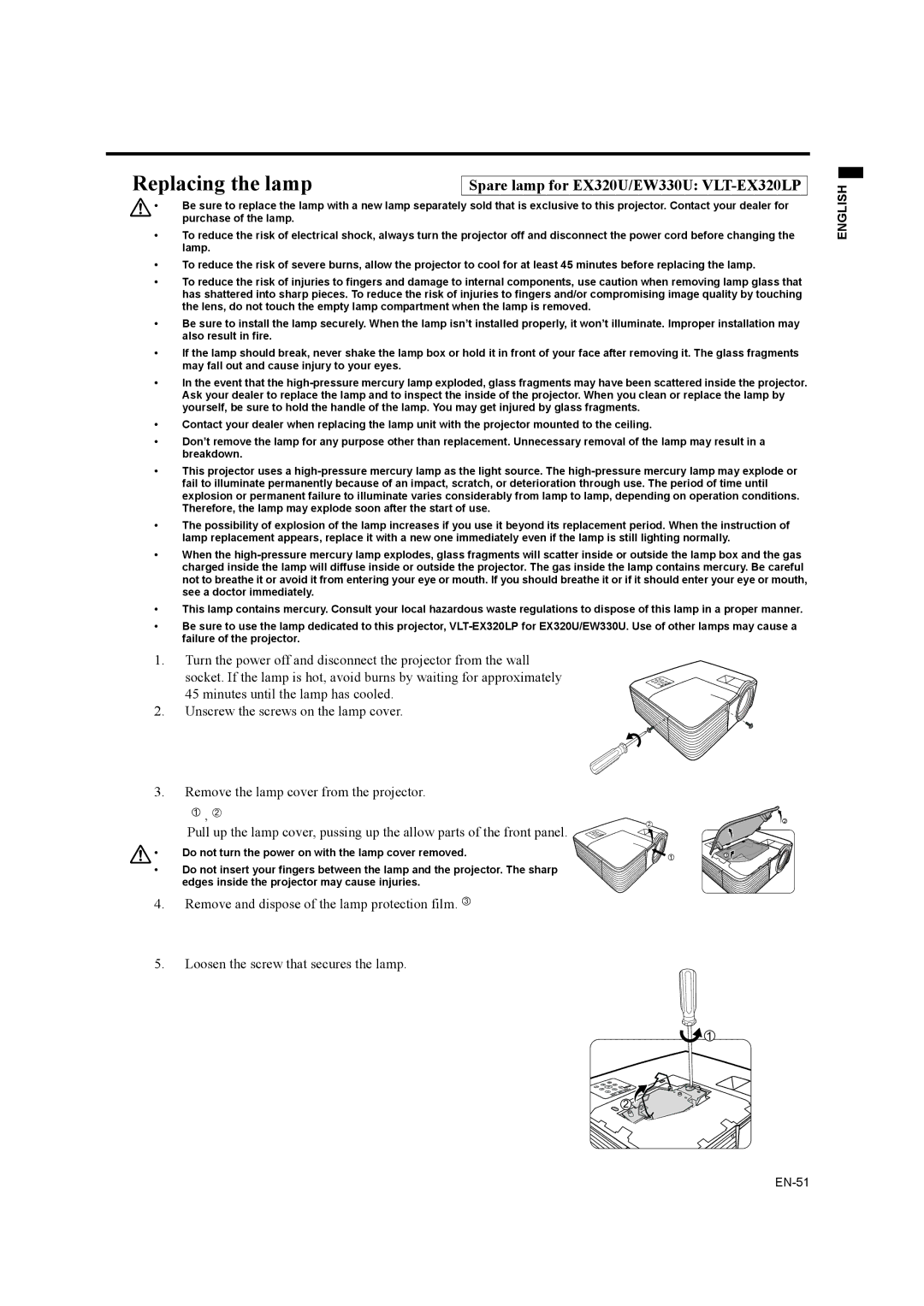 Mitsubishi Electronics user manual Replacing the lamp, Spare lamp for EX320U/EW330U VLT-EX320LP 