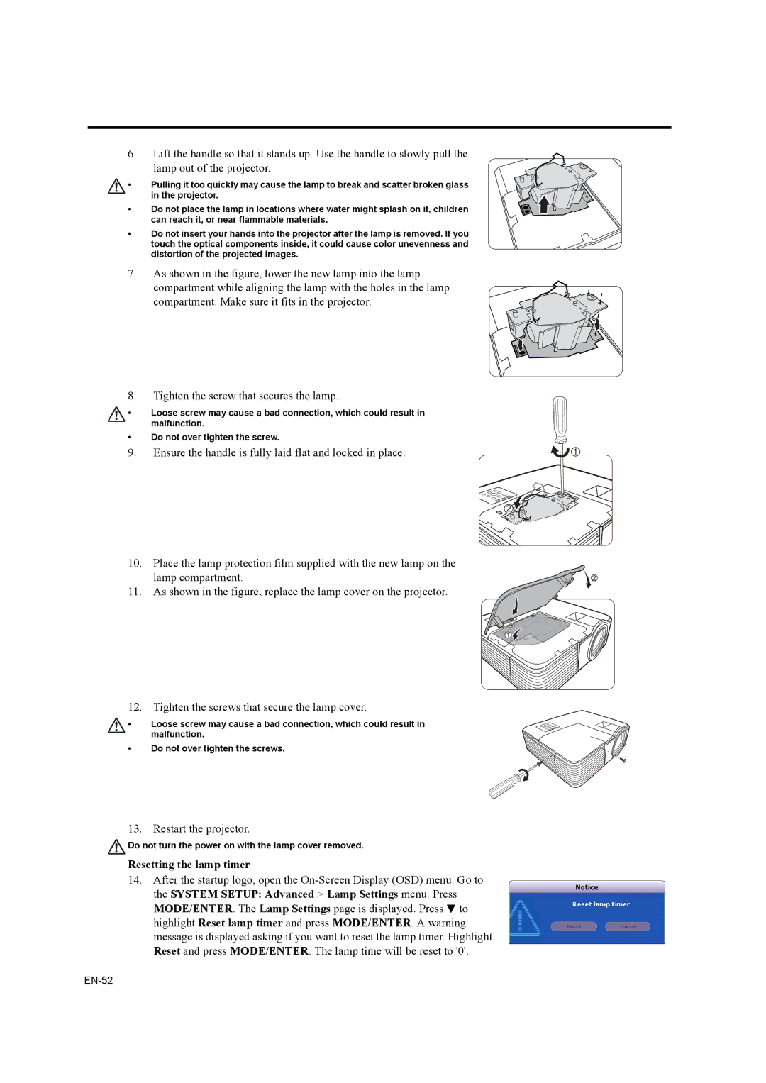 Mitsubishi Electronics EX320U, EW330U user manual Resetting the lamp timer 