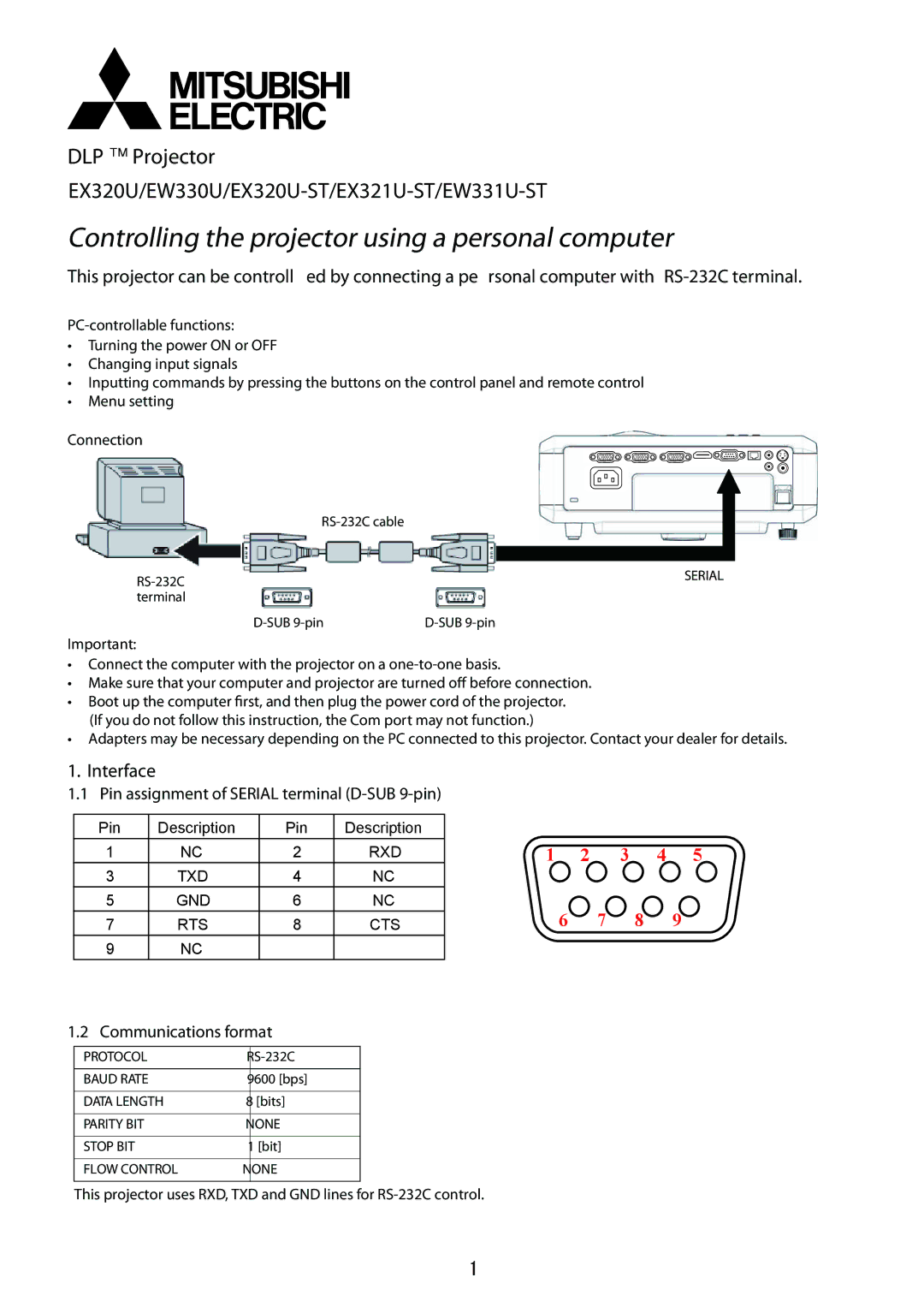 Mitsubishi Electronics EW331U-ST manual Interface, Pin assignment of Serial terminal D-SUB 9-pin, Communications format 