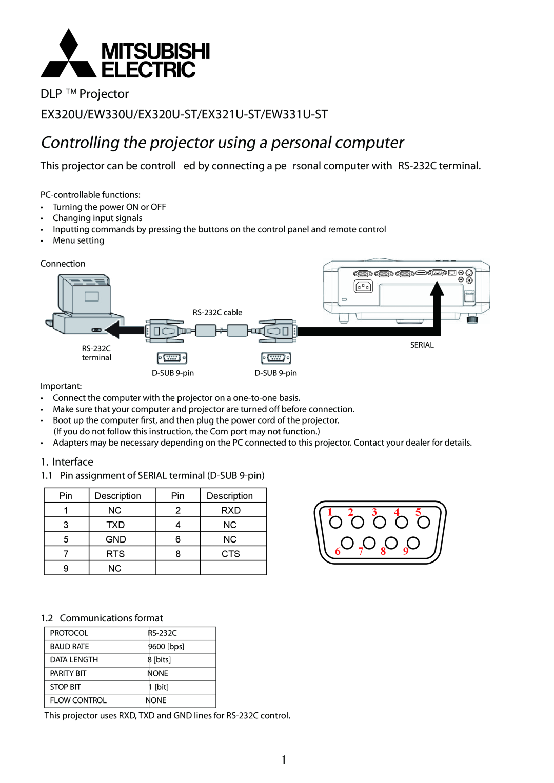 Mitsubishi Electronics EW331U-ST manual Interface, Pin assignment of SERIAL terminal D-SUB 9-pin, Communications format 