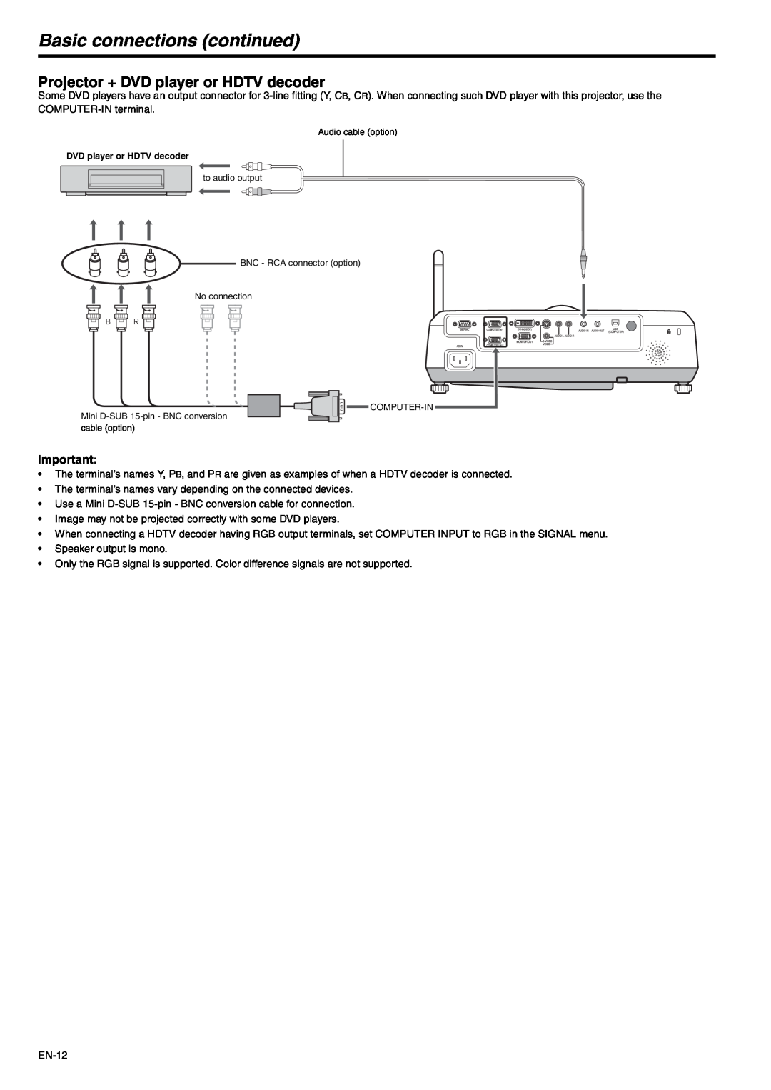 Mitsubishi Electronics EX53U, EX53E user manual Basic connections continued, Projector + DVD player or HDTV decoder 