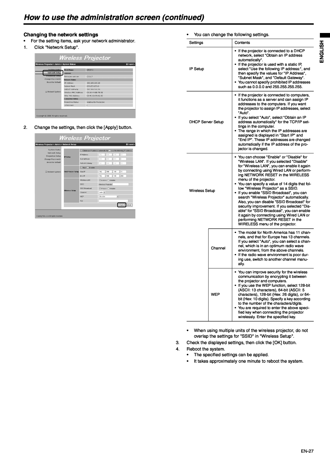 Mitsubishi Electronics EX53E How to use the administration screen continued, Changing the network settings, English, EN-27 