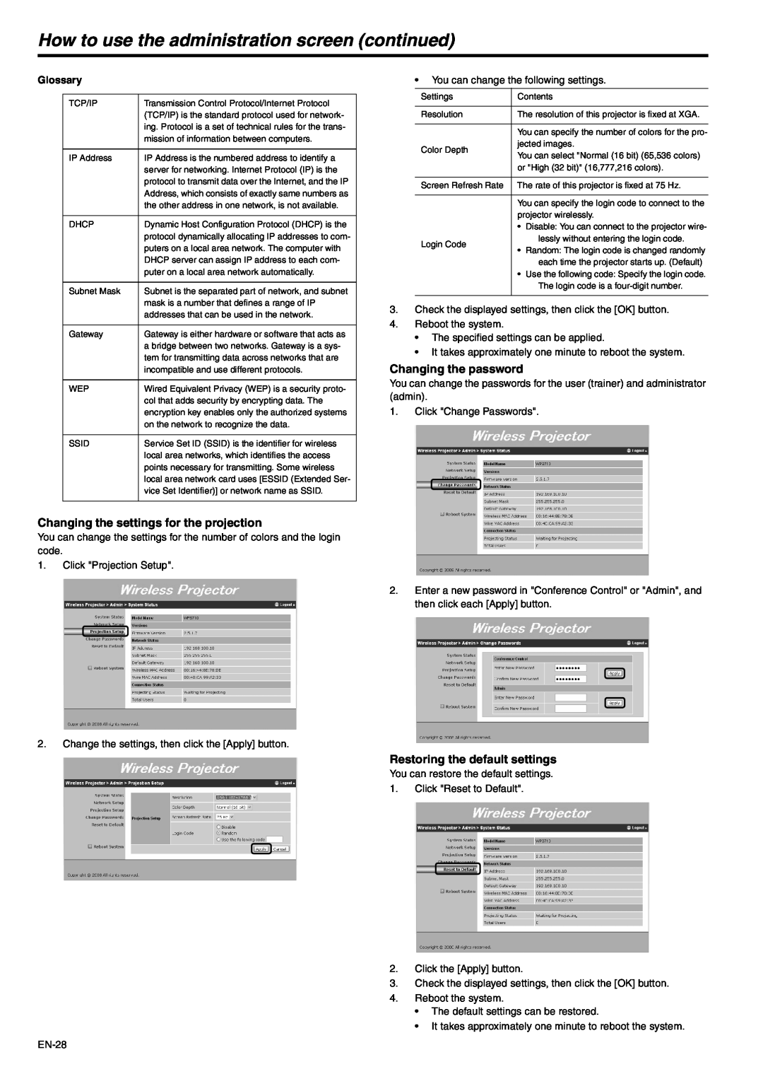 Mitsubishi Electronics EX53U, EX53E user manual Changing the settings for the projection, Changing the password, Glossary 