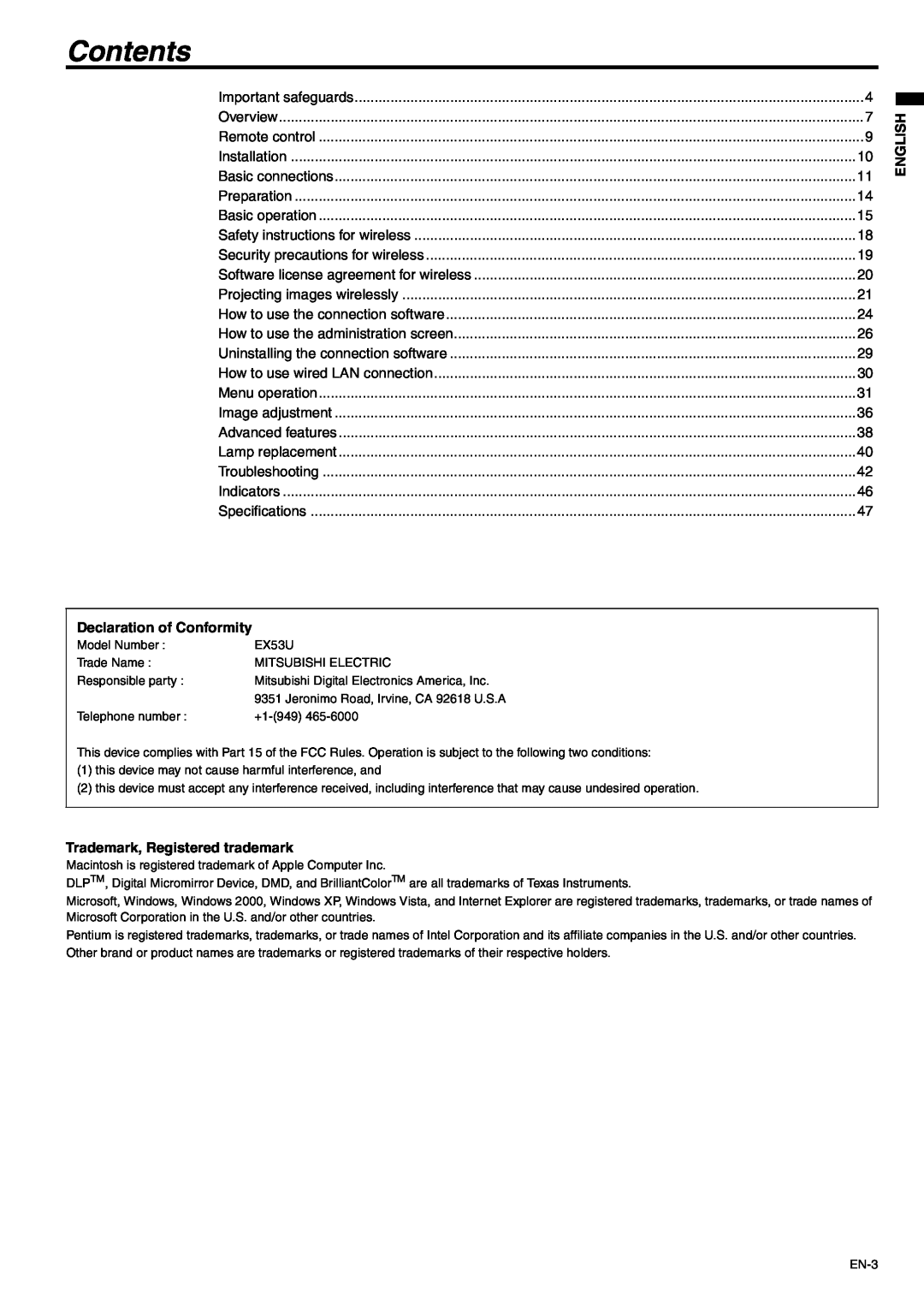 Mitsubishi Electronics EX53E, EX53U Contents, Declaration of Conformity, Trademark, Registered trademark, English 