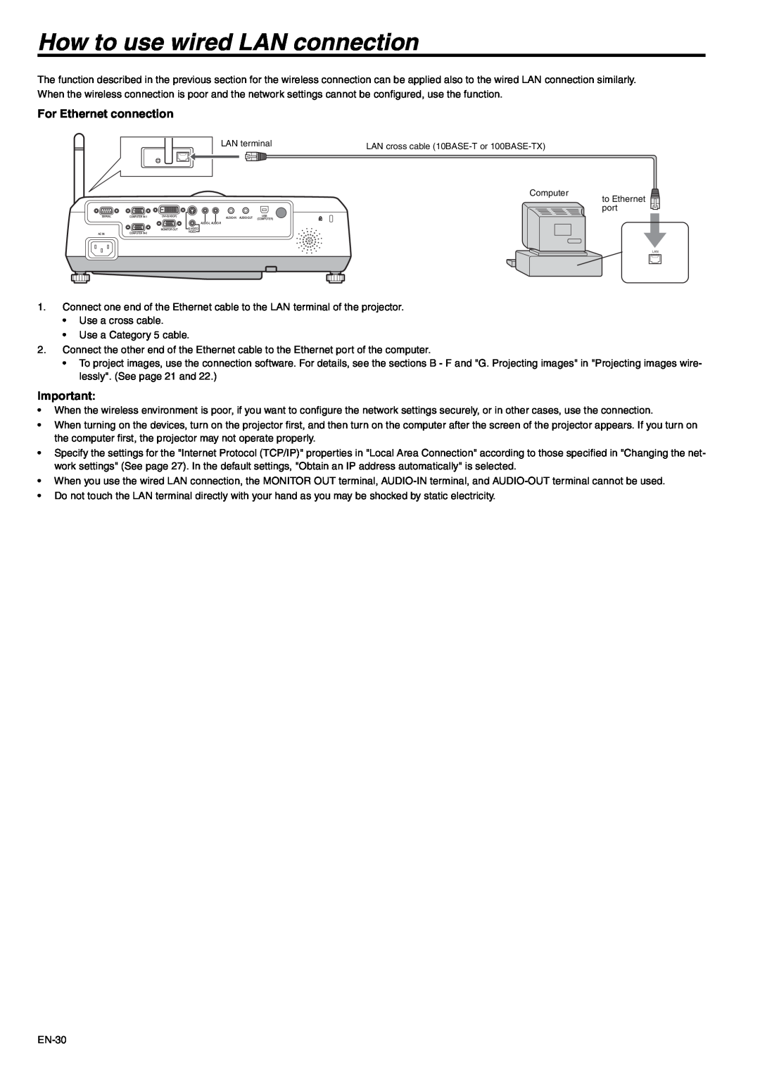 Mitsubishi Electronics EX53U, EX53E user manual How to use wired LAN connection, For Ethernet connection 