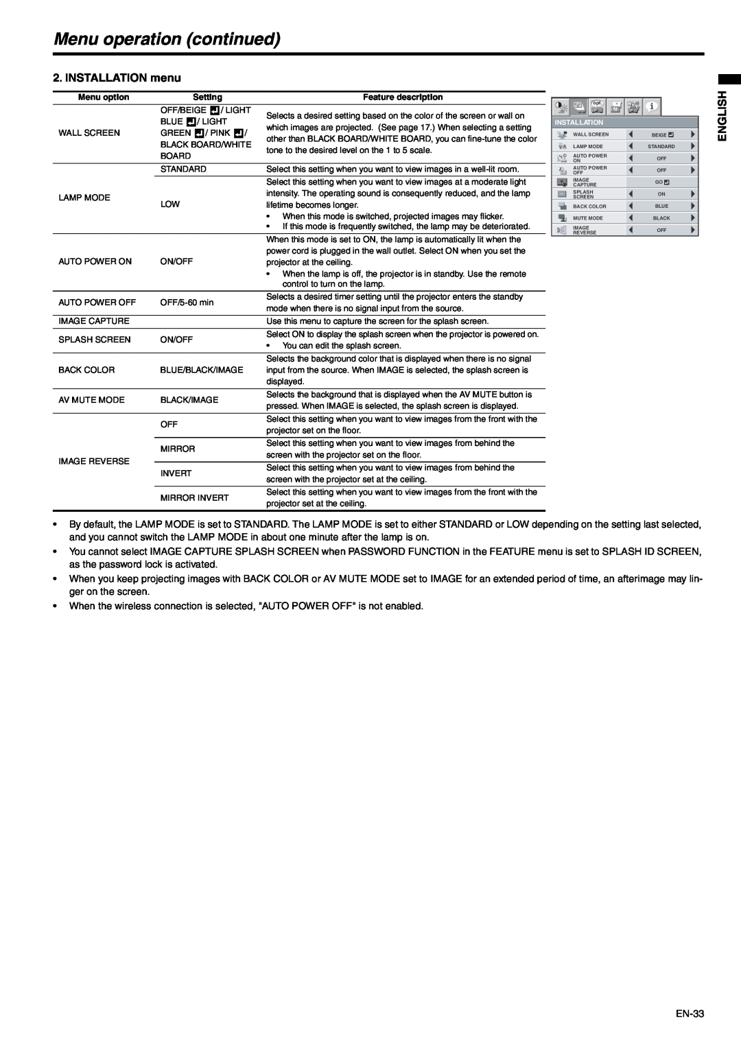 Mitsubishi Electronics EX53E, EX53U user manual INSTALLATION menu, Menu operation continued, English, EN-33 