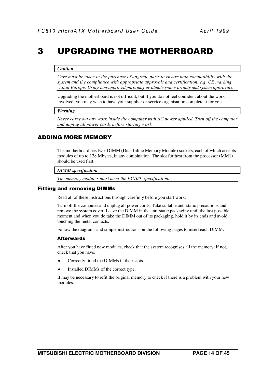 Mitsubishi Electronics FC810 manual Dimm specification 