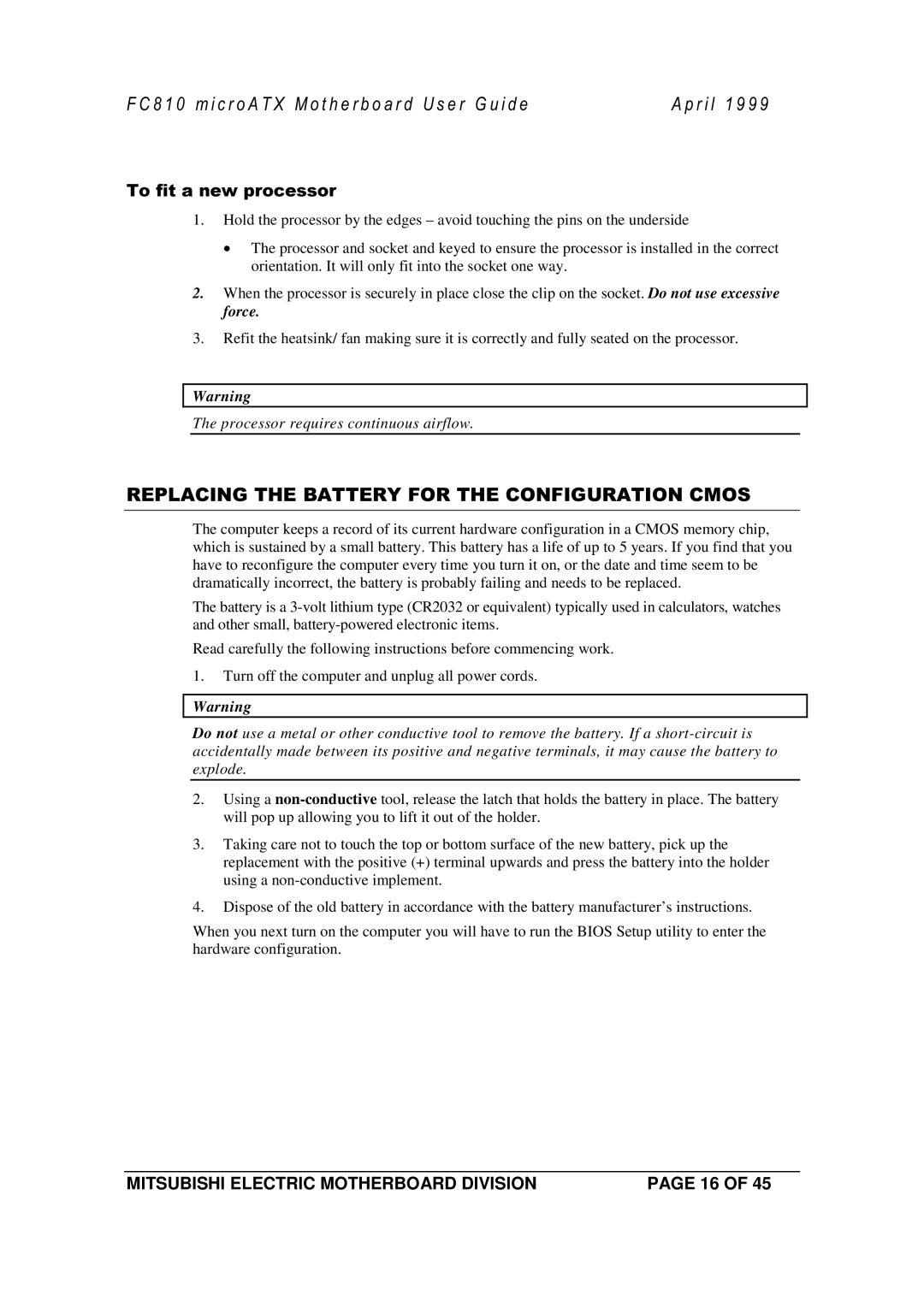 Mitsubishi Electronics FC810 manual Processor requires continuous airflow 