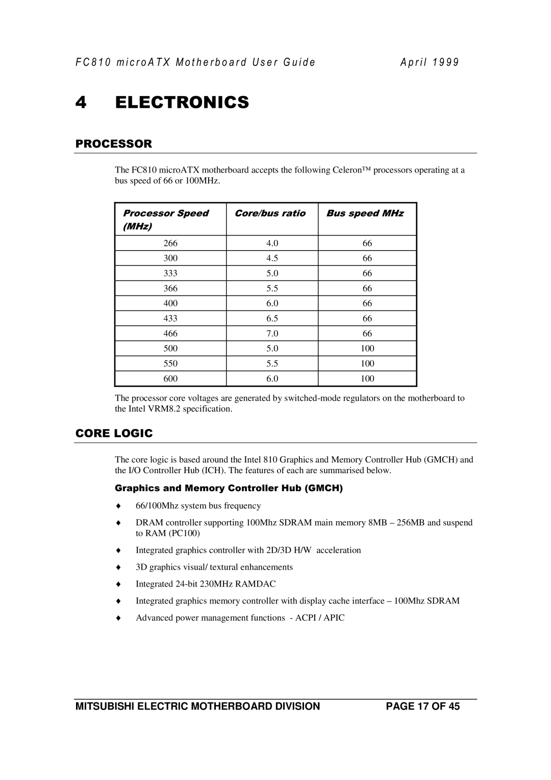 Mitsubishi Electronics FC810 manual 66/100Mhz system bus frequency 