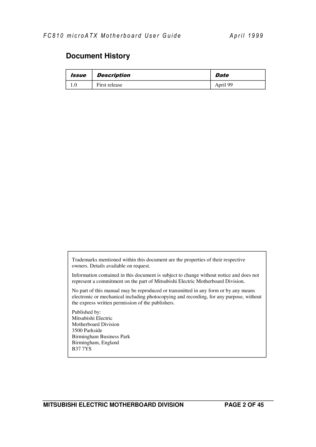 Mitsubishi Electronics FC810 manual Document History 