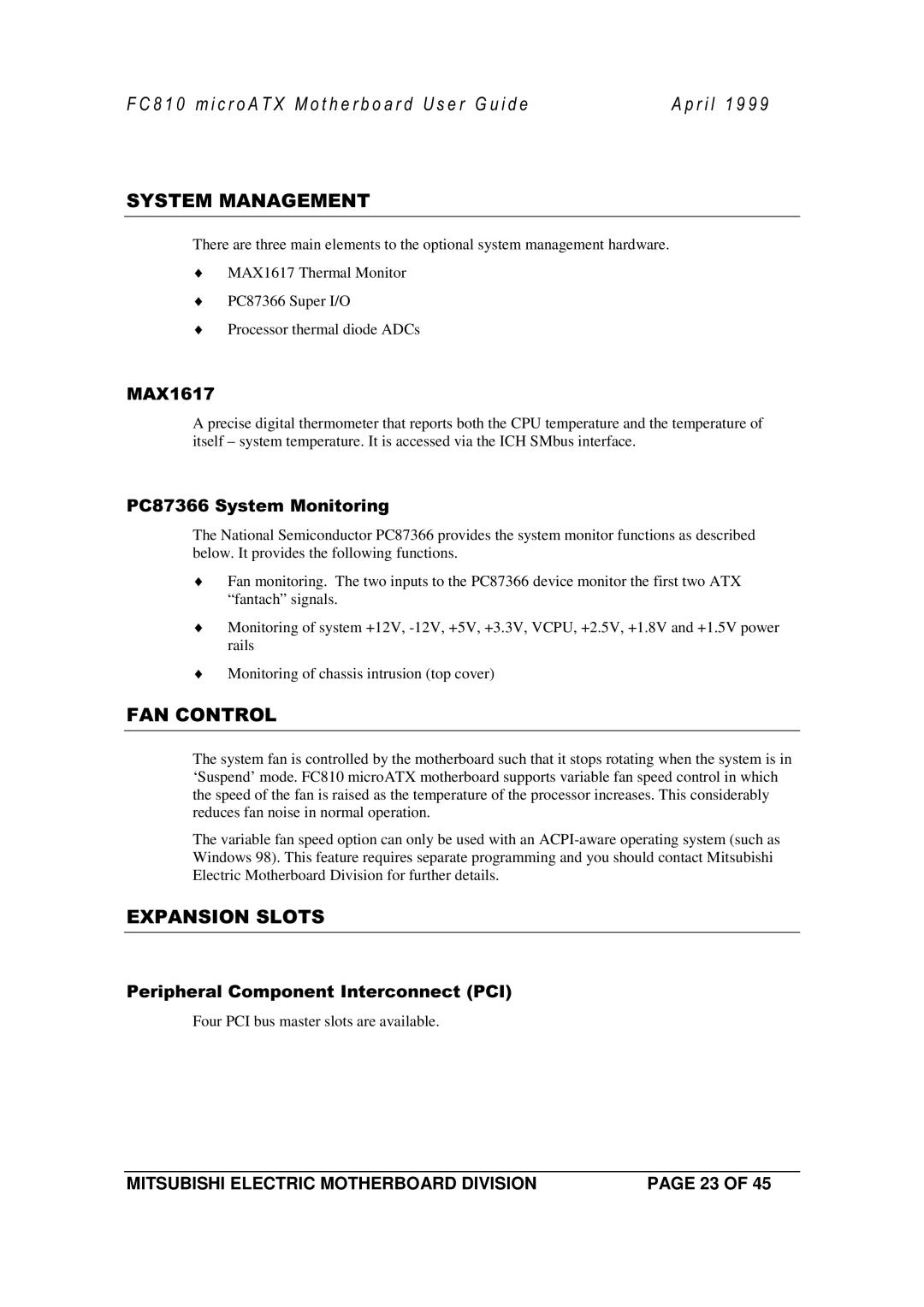 Mitsubishi Electronics FC810 manual Mitsubishi Electric Motherboard Division 