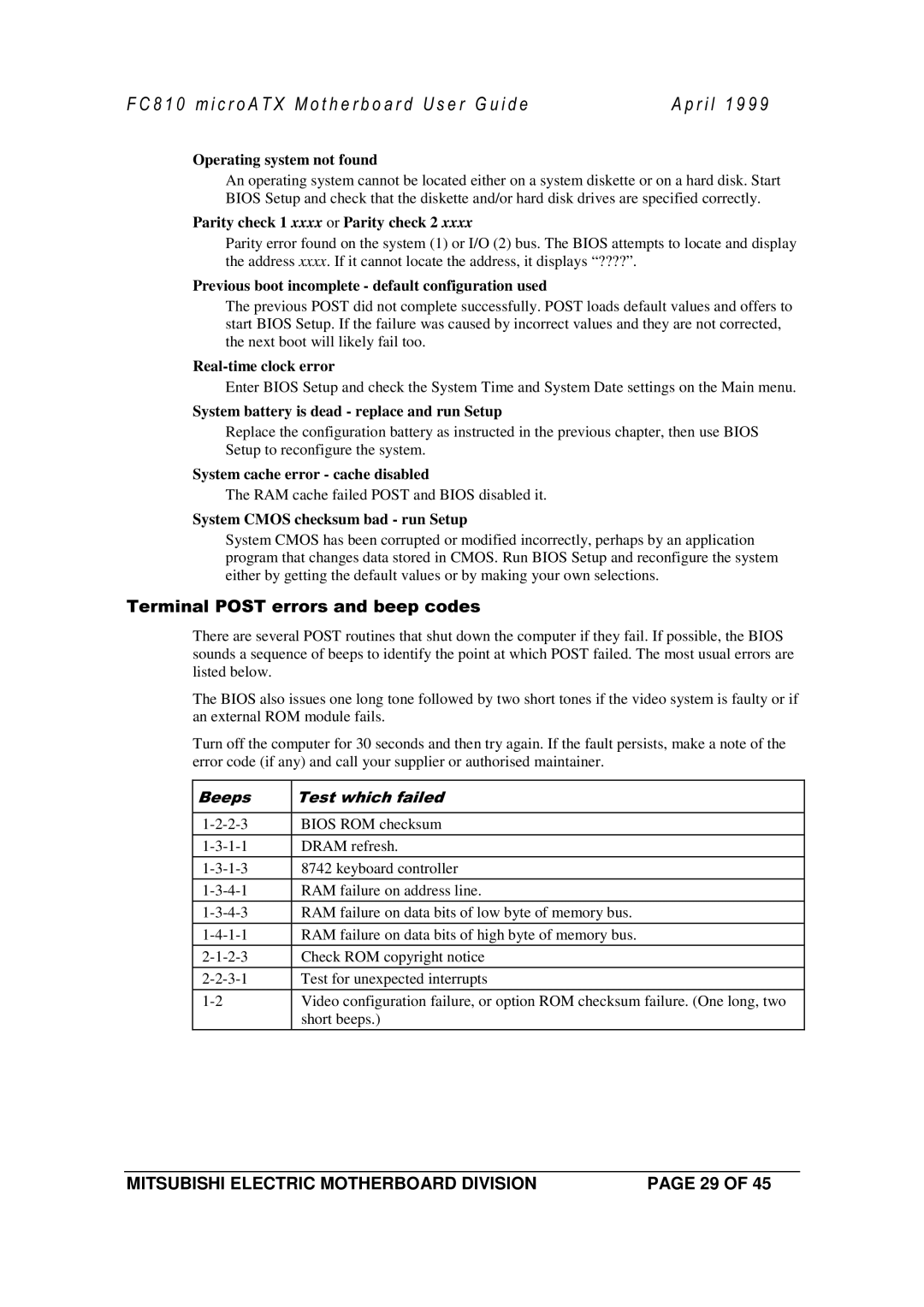 Mitsubishi Electronics FC810 manual Real-time clock error 