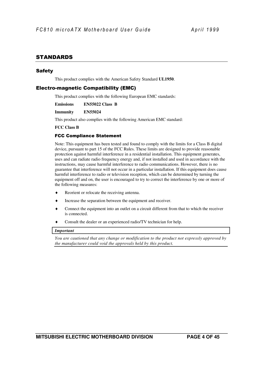 Mitsubishi Electronics FC810 manual FCC ClassB 