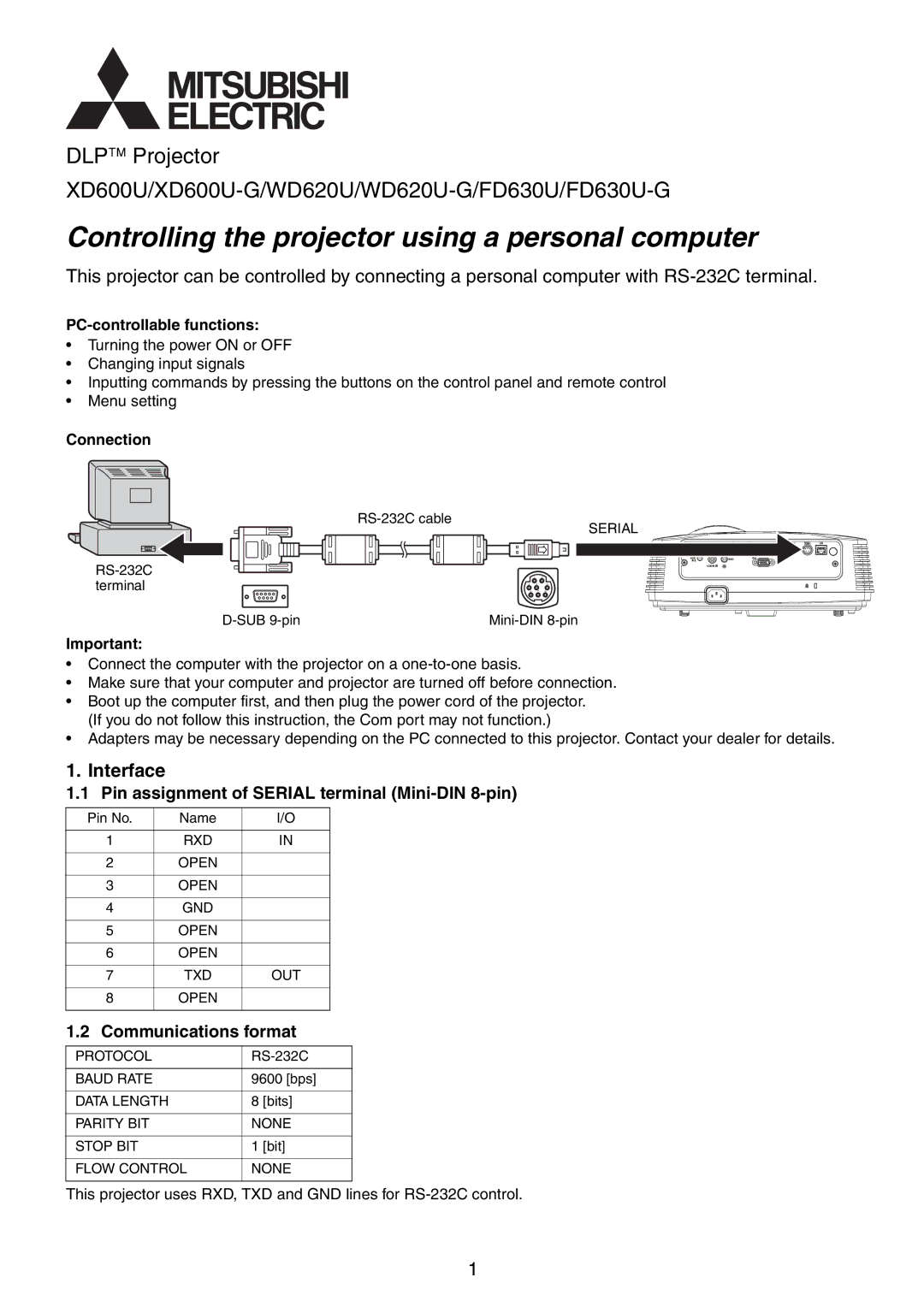 Mitsubishi Electronics FD630U-G manual Interface, Pin assignment of Serial terminal Mini-DIN 8-pin, Communications format 