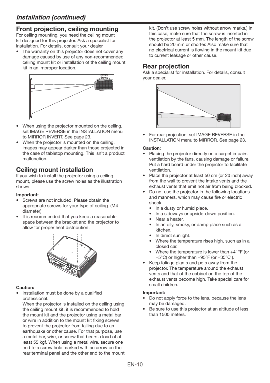 Mitsubishi Electronics FD730U-G user manual Installation, Front projection, ceiling mounting, Ceiling mount installation 