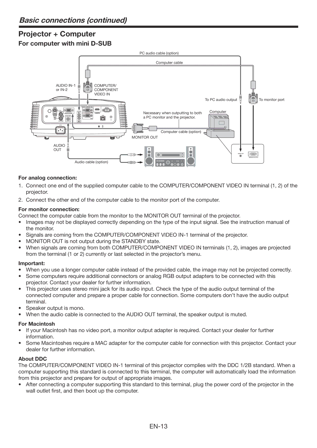 Mitsubishi Electronics FD730U-G user manual Projector + Computer, For computer with mini D-SUB 