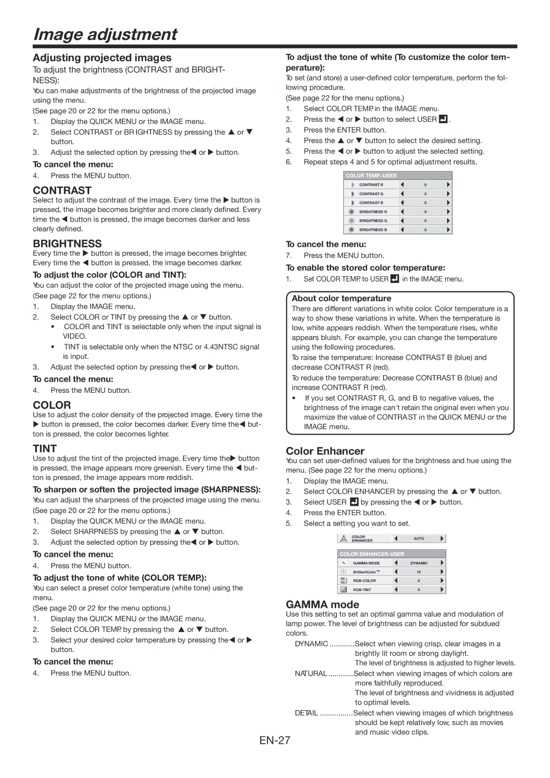 Mitsubishi Electronics FD730U-G user manual Image adjustment, Adjusting projected images, Color Enhancer, Gamma mode 