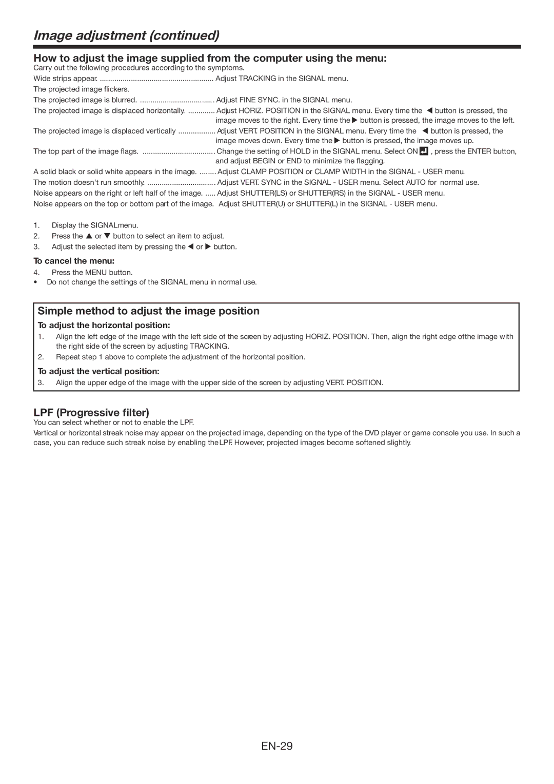 Mitsubishi Electronics FD730U-G user manual Simple method to adjust the image position, LPF Progressive ﬁlter 