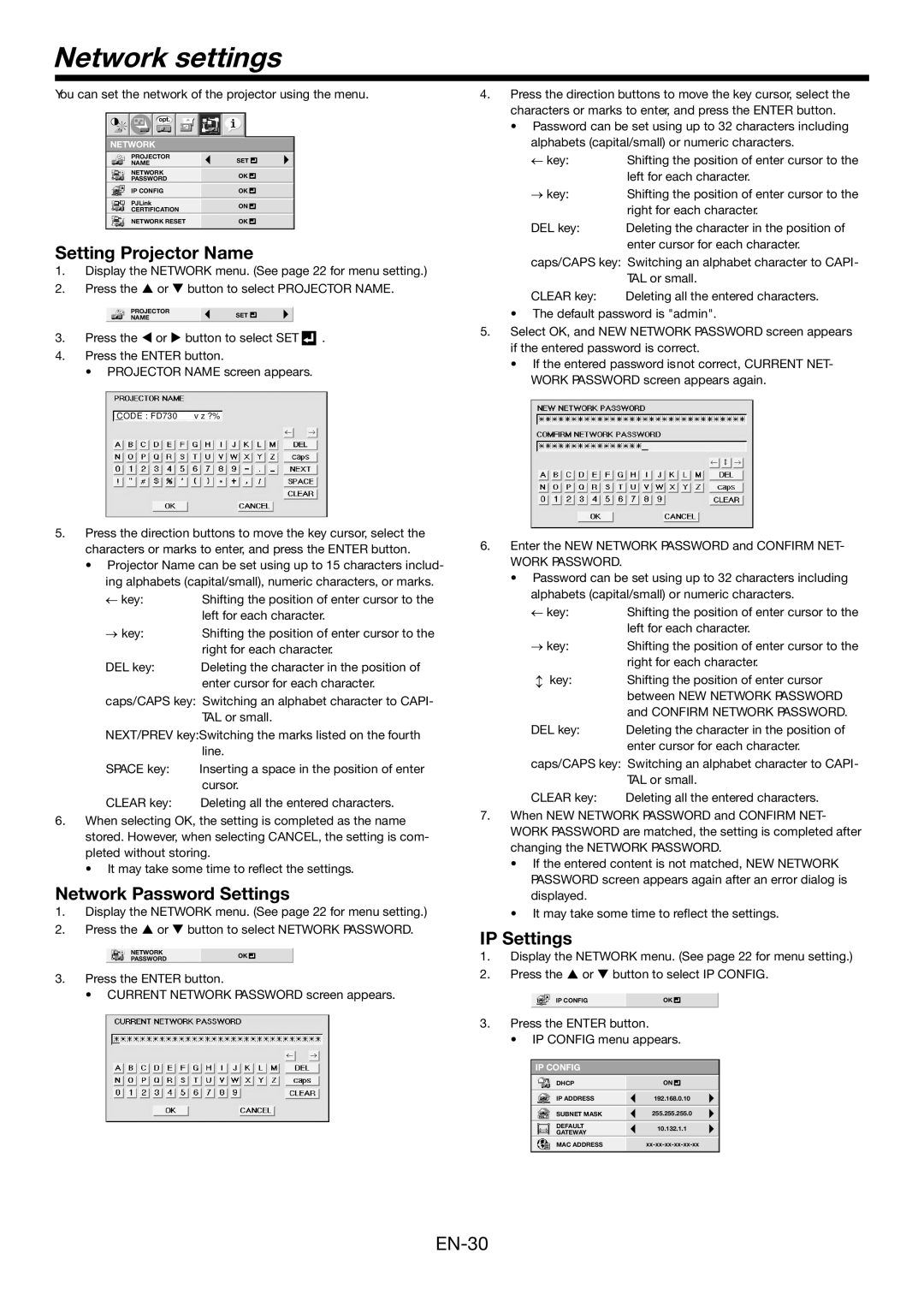 Mitsubishi Electronics FD730U-G Network settings, Setting Projector Name, Network Password Settings, IP Settings 