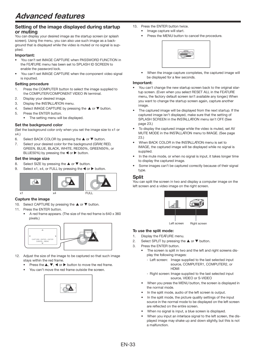 Mitsubishi Electronics FD730U-G Advanced features, Setting of the image displayed during startup or muting, Split 