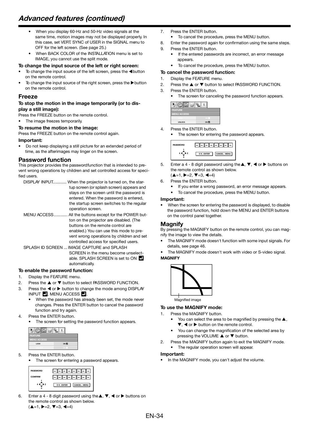 Mitsubishi Electronics FD730U-G user manual Advanced features, Freeze, Password function, Magnify 