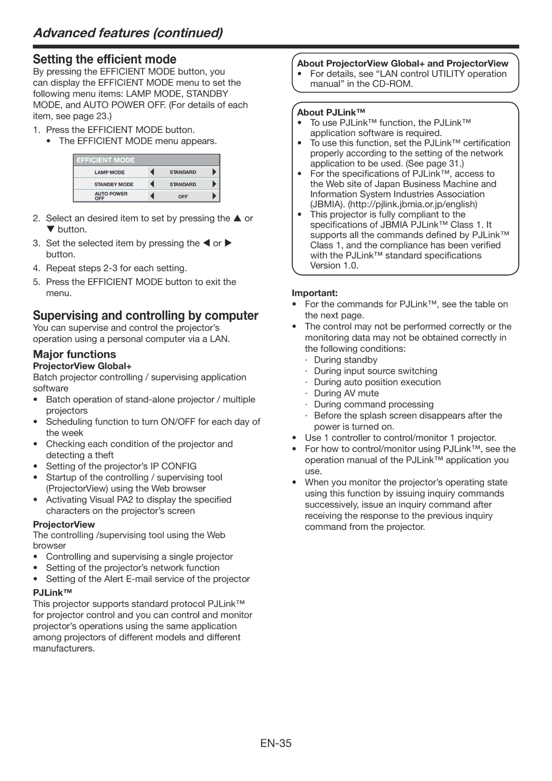 Mitsubishi Electronics FD730U-G user manual Setting the efficient mode, Major functions 