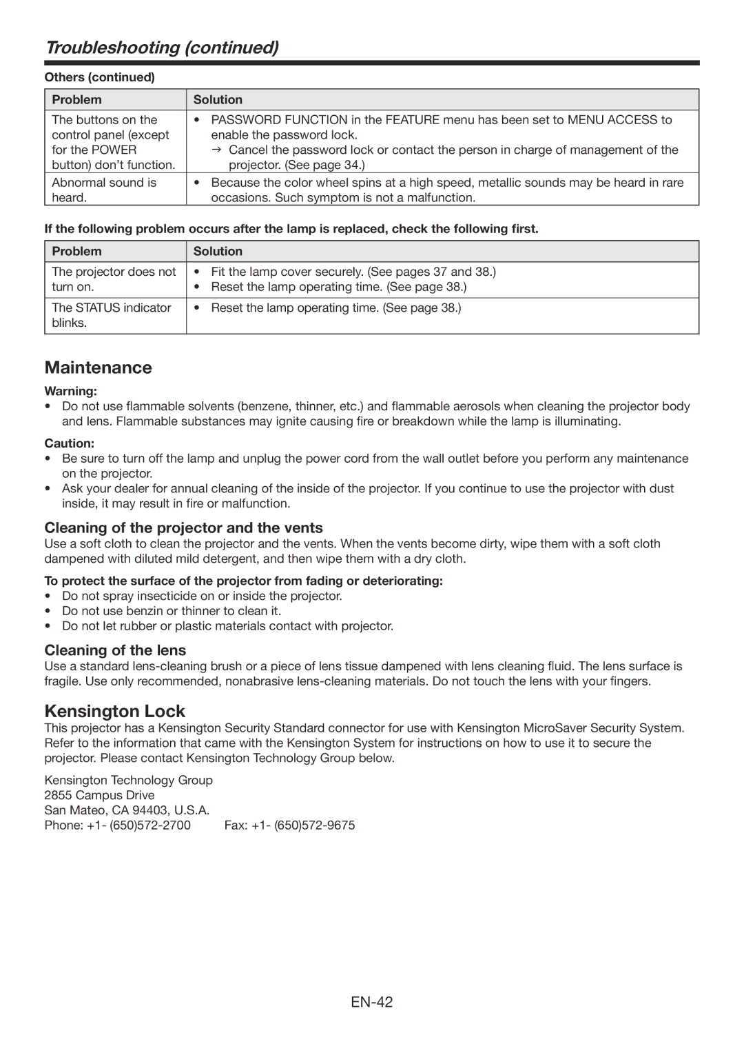 Mitsubishi Electronics FD730U-G user manual Maintenance, Kensington Lock, Cleaning of the projector and the vents 