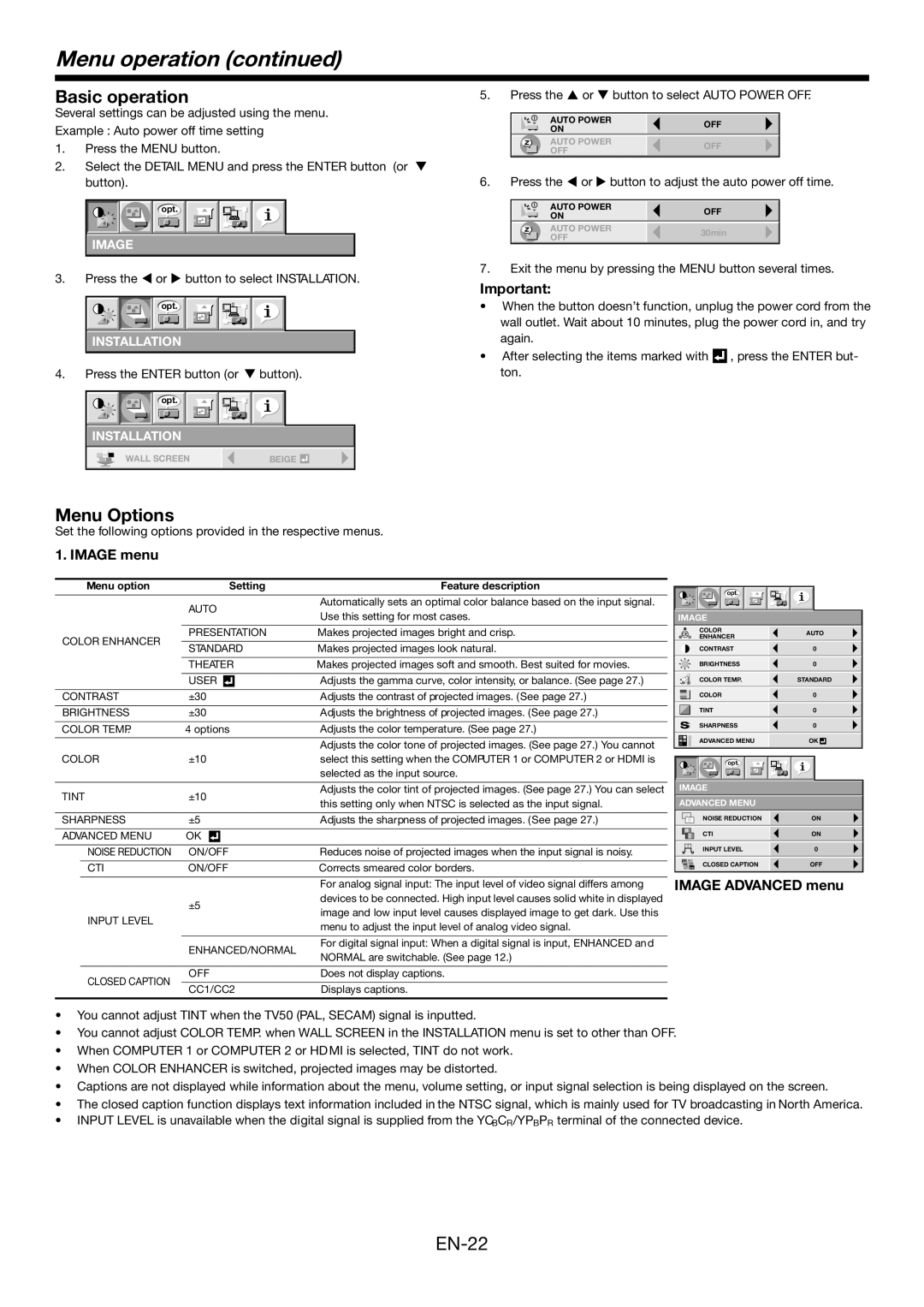 Mitsubishi Electronics FD730U-G user manual EN-22, Basic operation, Menu operation continued, Menu Options, Image, button 