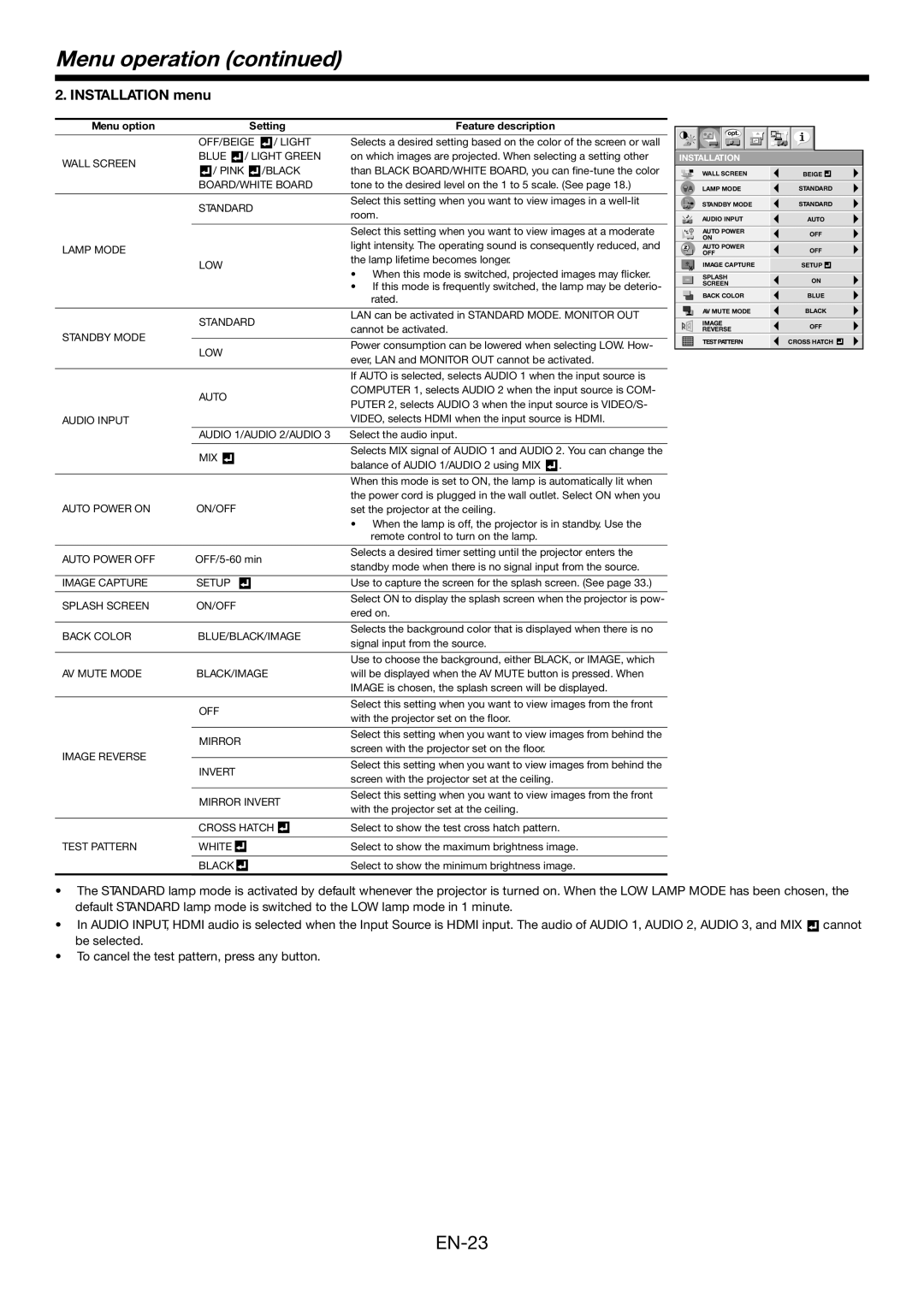 Mitsubishi Electronics FD730U-G user manual EN-23, Menu operation continued, INSTALLATION menu 