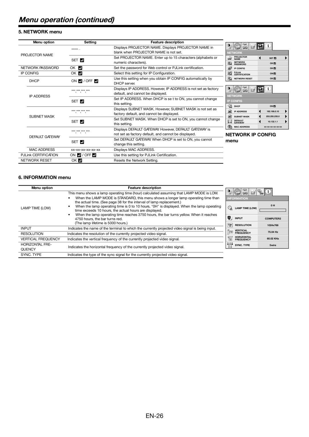 Mitsubishi Electronics FD730U-G user manual EN-26, Menu operation continued, Menu option, Setting, Feature description 