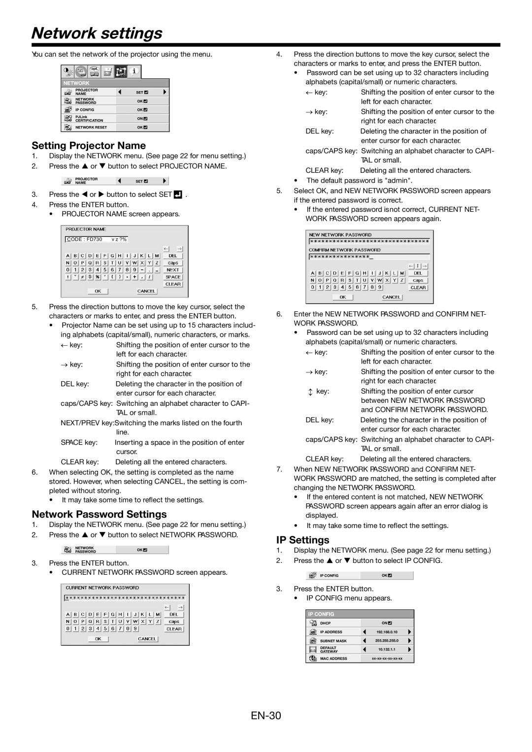 Mitsubishi Electronics FD730U-G Network settings, EN-30, Setting Projector Name, Network Password Settings, IP Settings 