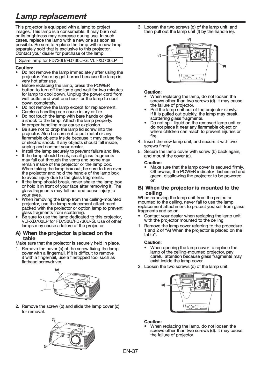 Mitsubishi Electronics FD730U-G user manual Lamp replacement, A When the projector is placed on the table, EN-37 