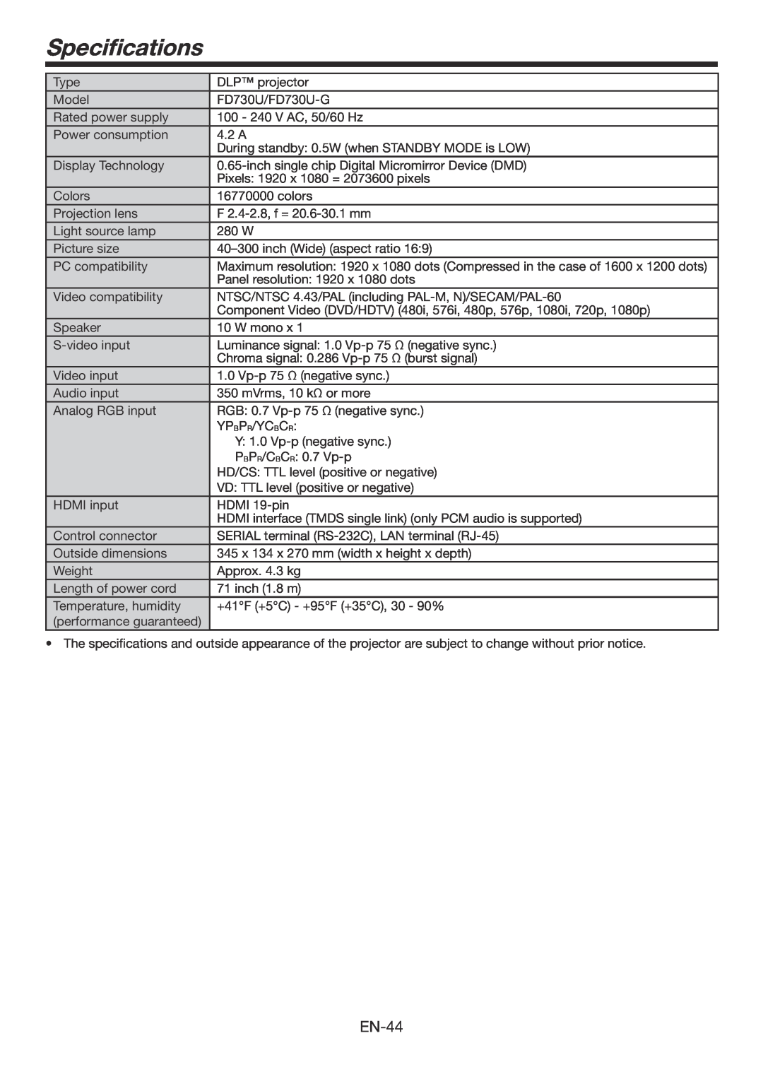 Mitsubishi Electronics FD730U-G user manual Specifications, EN-44 